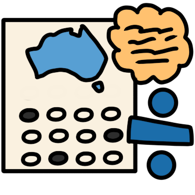a piece of paper with a blue shape of Australia on it, and three rows of multiple-choice bubbles, which each have one bubble filled in. To the side is an orange thought cloud with scribbles represnting words, and a blue division sign.